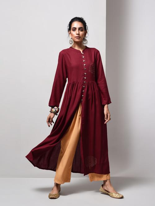 wine high slit printed kurta - 15606727 - Very Small Image - 1
