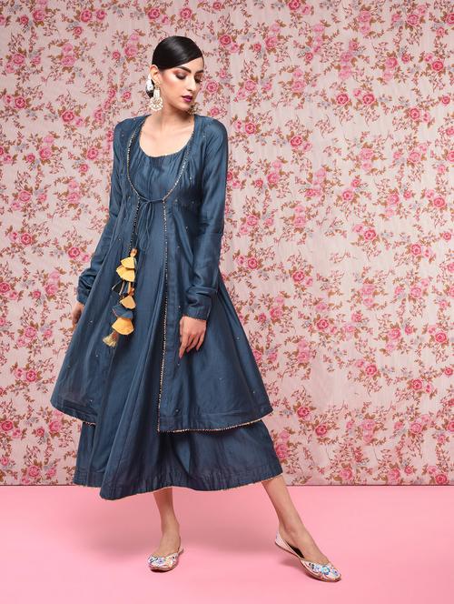 chanderi gota work front drawstring kurta with shrug - 15693583 - Very Small Image - 1