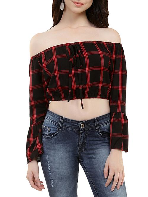off shoulder checkered crop top - 15744483 - Very Small Image - 1