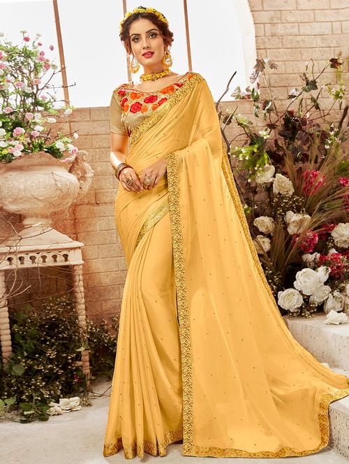 mirror work solid saree with blouse - 15768172 - Very Small Image - 1
