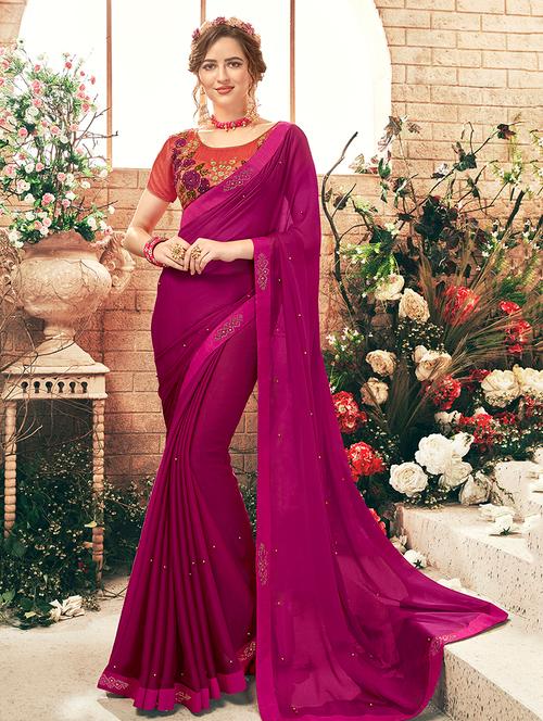 mirror work solid saree with blouse - 15768173 - Very Small Image - 1