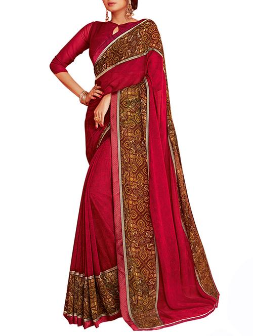 contrast border printed saree with blouse - 15827619 - Very Small Image - 1