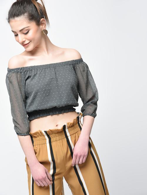 dobby off shoulder crop top - 15894141 - Very Small Image - 1