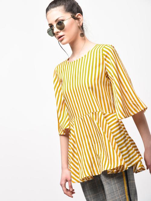 flared sleeved striped ruffled hem top - 15956740 - Very Small Image - 1