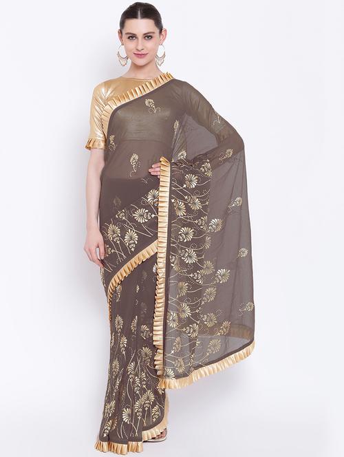 ruffle border foil printed saree with blouse - 16007161 - Very Small Image - 1