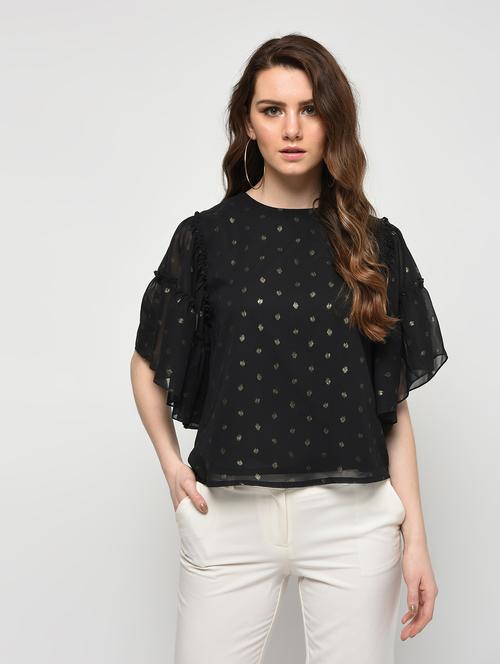 flutter sleeved gold print top - 16009041 - Very Small Image - 1