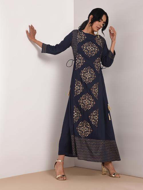 embroidered blue a-line kurta - 16011121 - Very Small Image - 1