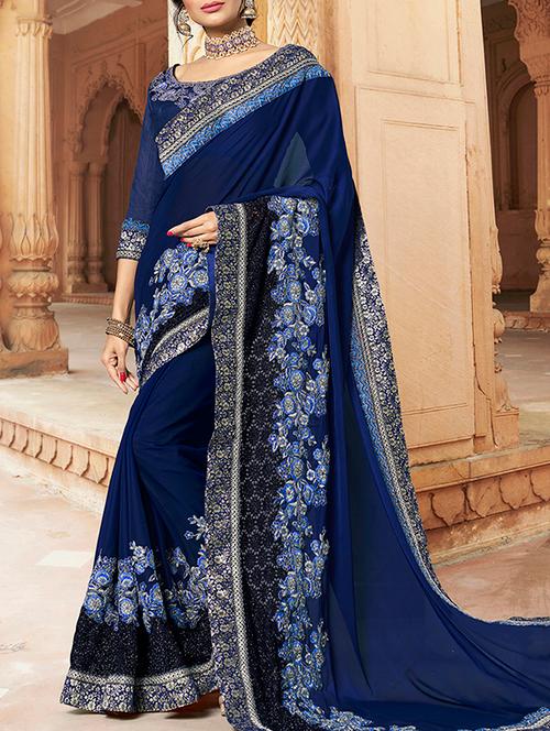 navy georgette printed saree with blouse - 16023651 - Very Small Image - 1