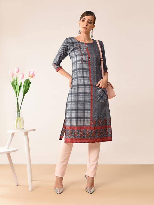 checkered straight kurta - 16067039 - Very Small Image - 1