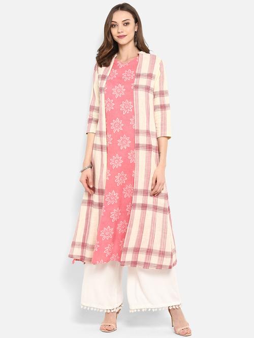 kaantha work floral print kurta with jacket - 16077679 - Very Small Image - 1