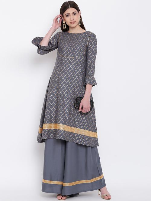 foil printed a-line kurta with palazzo set - 16124481 - Very Small Image - 1