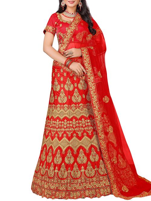 red embroidered a-line lehenga - 16132314 - Very Small Image - 1