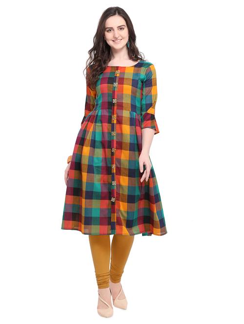 multi colored checkered flared kurta - 16195374 - Very Small Image - 1