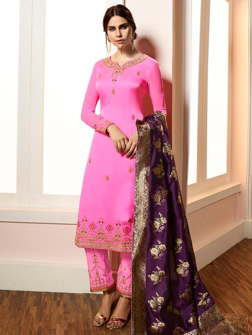 embroidered unstitched straight pant suit - 16344838 - Very Small Image - 1