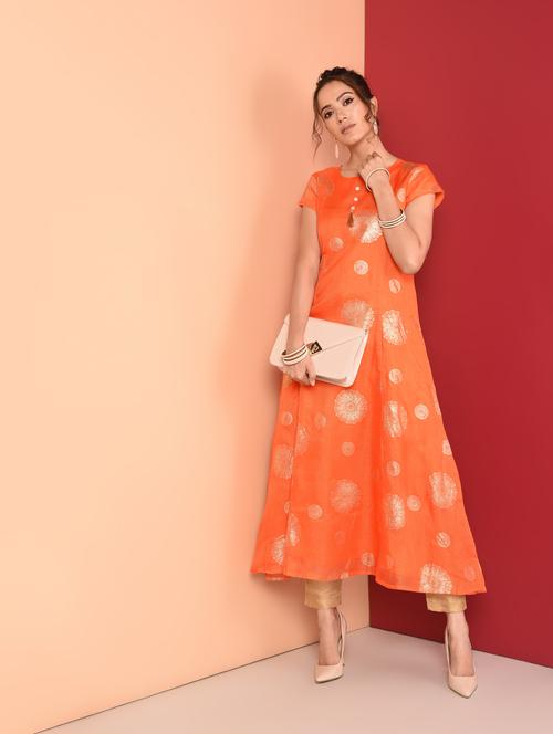gold foil printed a-line kurta - 16350317 - Very Small Image - 1