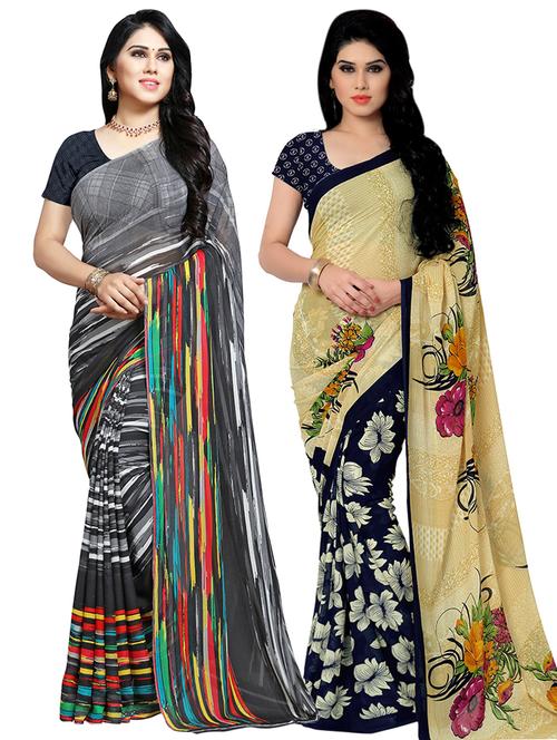 set of 2 multicolor printed saree combo with blouse - 16426025 - Very Small Image - 1