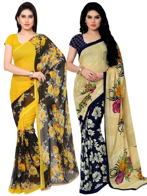 set of 2 multicolor printed saree combo with blouse - 16426392 - Very Small Image - 1