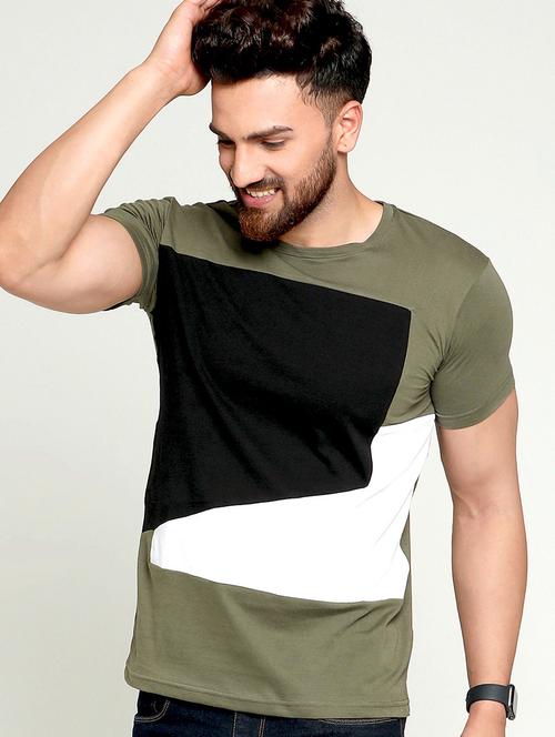 olive green color block t-shirt - 16445114 - Very Small Image - 1