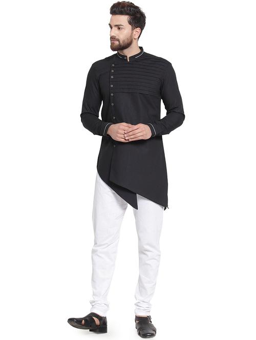 black solid asymmetric kurta pyjama set - 16568999 - Very Small Image - 1
