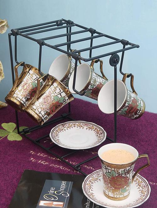 iron coffee mug cup plate holder stand with 6 hooks - 16596141 - Very Small Image - 1