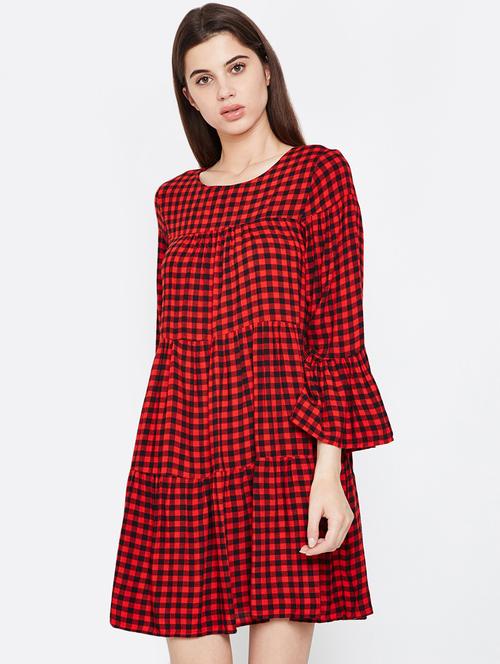 round neck checkered a-line dress - 16611938 - Very Small Image - 1