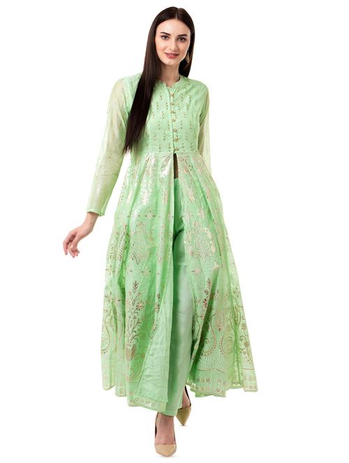 foil printed chanderi high-slit flared kurta with bottom set - 16612636 - Very Small Image - 1