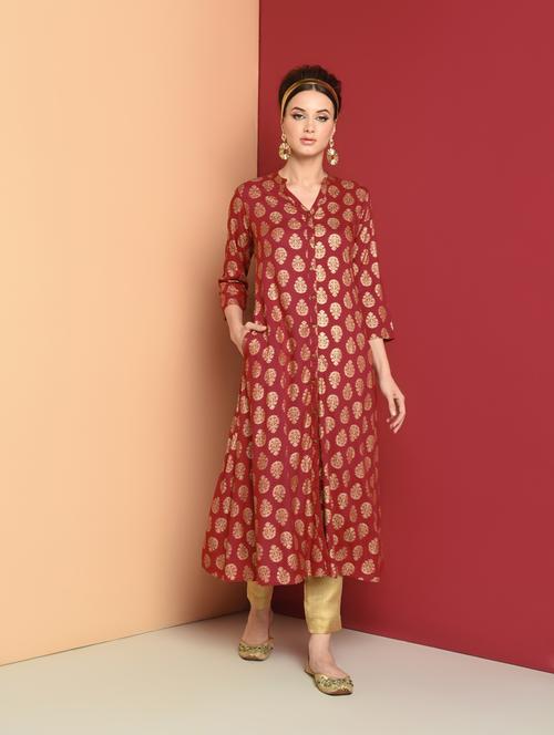 gold motif a-line kurta - 16654274 - Very Small Image - 1
