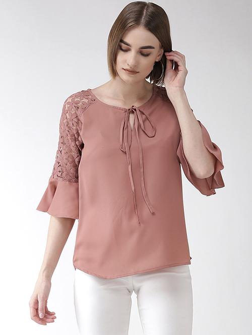 floral mesh panel tie up neck top - 16838394 - Very Small Image - 1