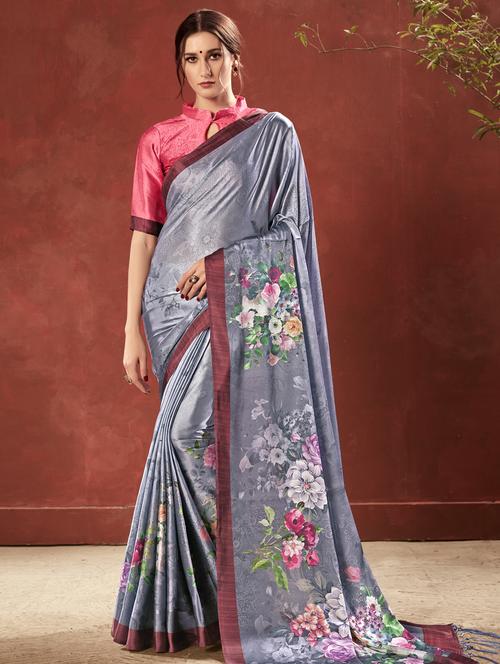 floral printed saree with blouse - 16931910 - Very Small Image - 1