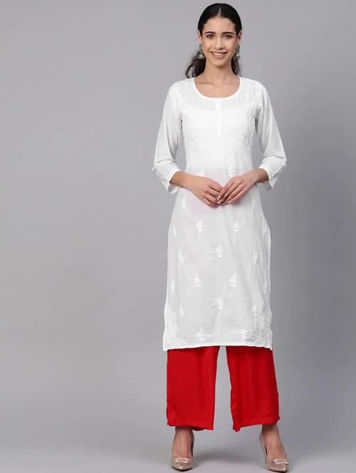 white knee length cotton chikan handworked straight kurta - 17142771 - Very Small Image - 1