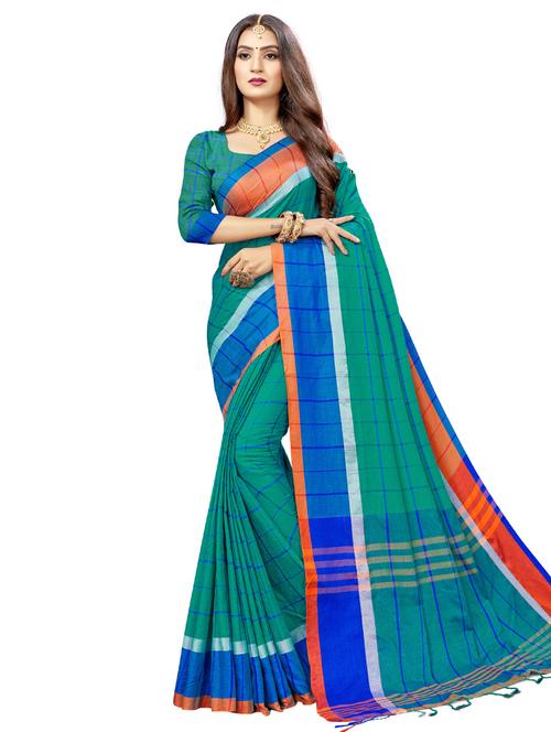 women's checks sea green colored saree with blouse - 17234788 - Very Small Image - 1