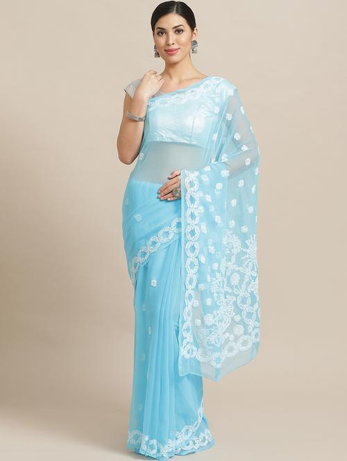 sky blue color georgette chikankari worked saree with blouse - 17248627 - Very Small Image - 1