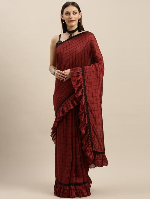 maroon silk blend fusion saree with blouse - 17265189 - Very Small Image - 1