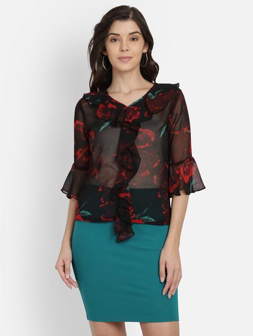women's ruffle v neck top - 17269045 - Very Small Image - 1
