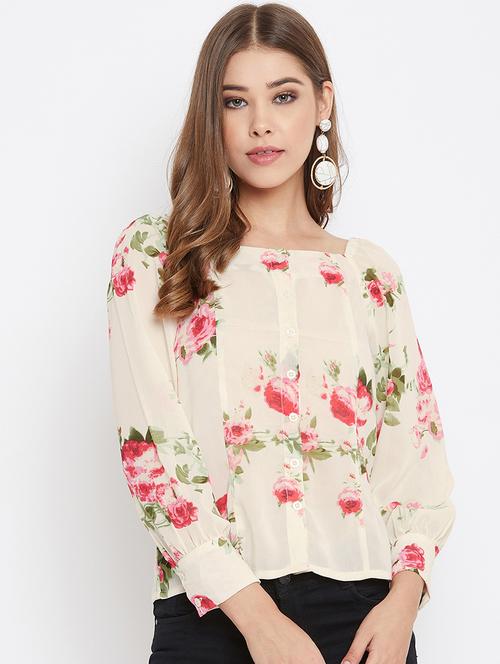 women's beige regular fit floral printed square neck top - 17327355 - Very Small Image - 1