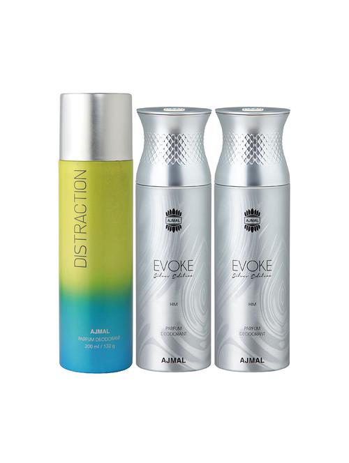 ajmal 1 distraction for unisex and 2 evoke silver for him for men deodorants combo pack of 3 (total 600ml) + 3 testers - 17404296 - Very Small Image - 1
