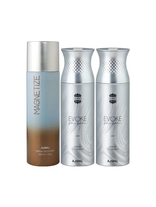 ajmal 1 magnetize for unisex and 2 evoke silver edition for him for men deodorants combo pack of 3 (total 600ml) + 3 testers - 17404308 - Very Small Image - 1
