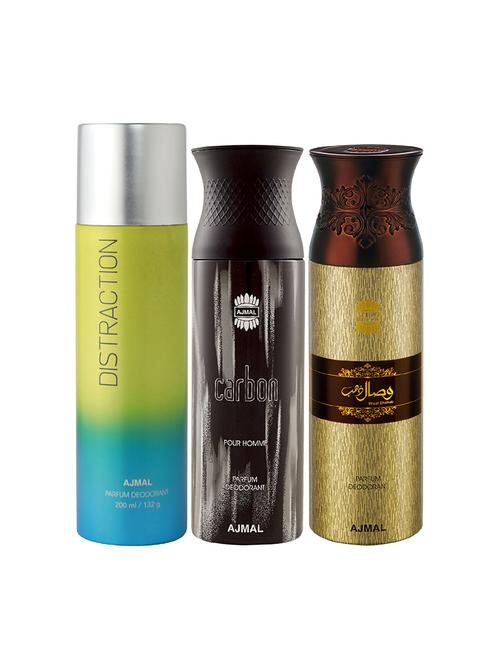 ajmal 1 distraction for unisex,1 ajmal carbon for men,1 wisal dhahab for men deodorant combo pack of 3(total 600ml)+3 testers - 17404516 - Very Small Image - 1