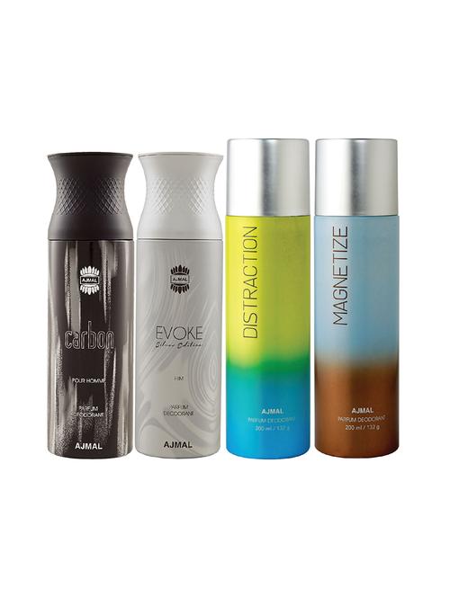 ajmal 1 carbon for men,1 evoke silver for men,1 distraction,1 magnetize unisex combo pack of 4 deos(total 800ml)+3 testers - 17405010 - Very Small Image - 1