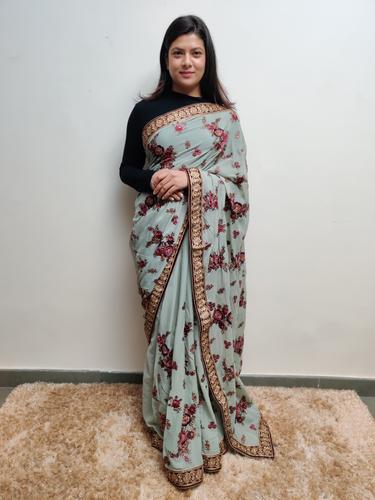 grey embroidered saree - 17525393 - Very Small Image - 1