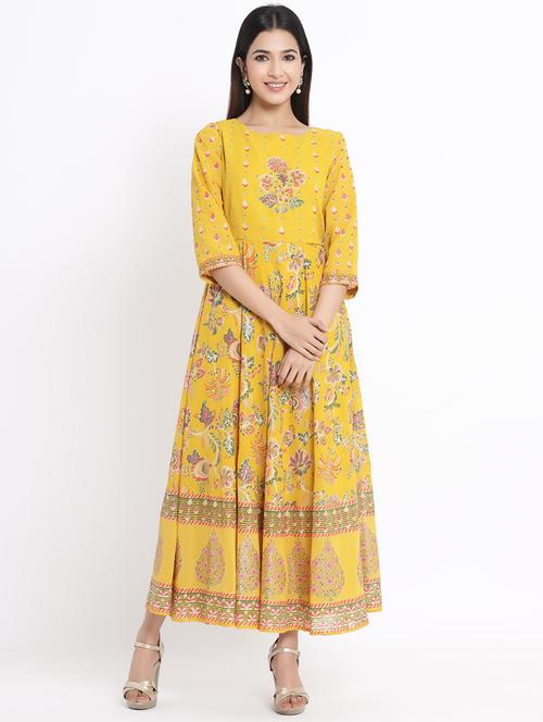 foil print flared ethnic dress - 17540219 - Very Small Image - 1