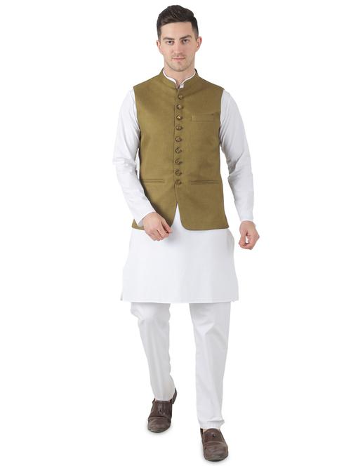 white solid kurta pyjama set with olive solid nehru jacket - 17545630 - Very Small Image - 1