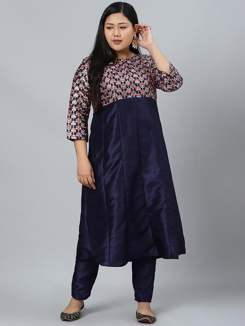 navy art silk kurta pant set - 17594665 - Very Small Image - 1