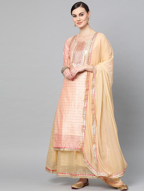 peach chanderi kurta skirt set - 17608650 - Very Small Image - 1