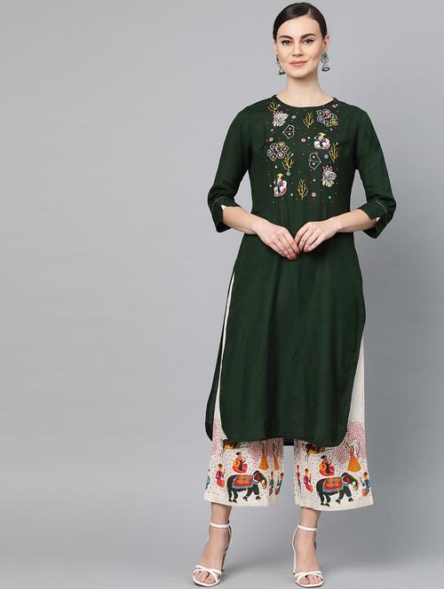 green cotton kurta palazzo set - 17608656 - Very Small Image - 1