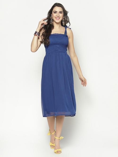 smocked detail solid midi dress - 17661252 - Very Small Image - 1