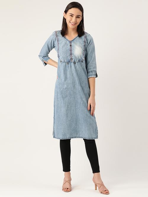 blue denim straight kurta - 17666098 - Very Small Image - 1