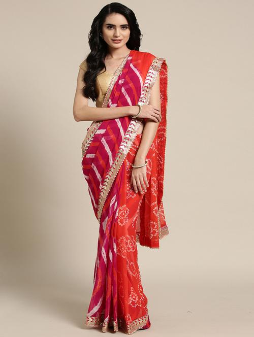 women's bandhani orange colored saree with blouse - 17695701 - Very Small Image - 1