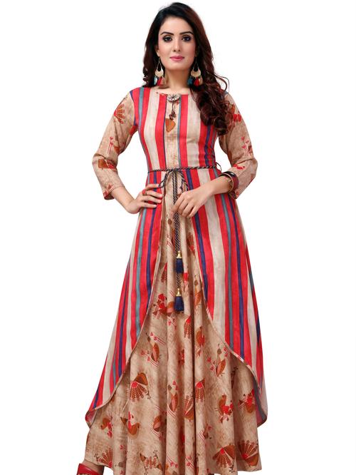 beige mandarin neck printed layered kurta - 17785241 - Very Small Image - 1