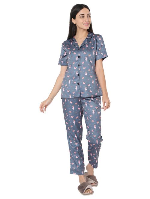 shirt collar printed nightwear pajama set - 17948271 - Very Small Image - 1
